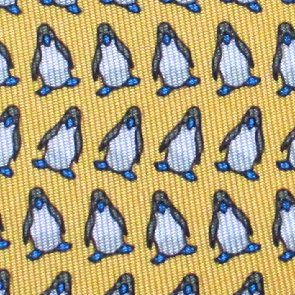 100% REAL HERMES TIE - YELLOW Fun Black & White Penguins Marching.Happy Feet! XL